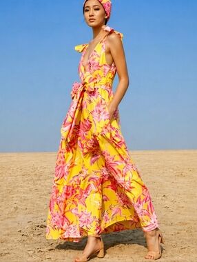 Banjanan Yellow & Pink Floral Maxi Dress